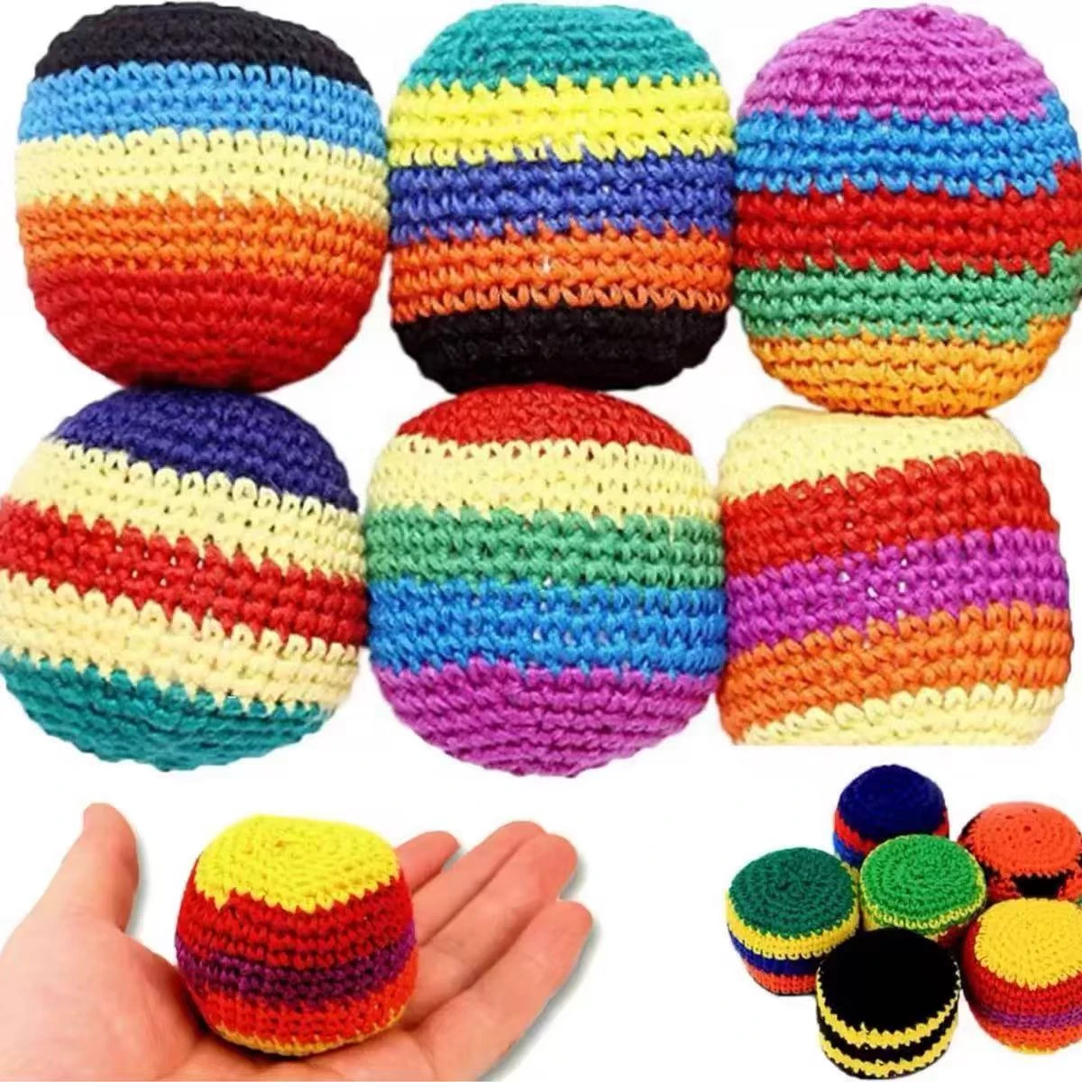 6/12 pack hand knitted rainbow kick balls assorted footbag sacks for adults crochet soft sack balls for juggling coordination training party favors stress relief